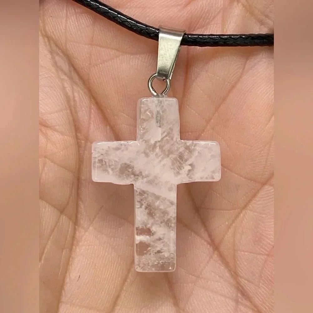 Clear Quartz Cross Natural Braided Stainless Steel Necklace NWT